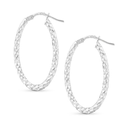 9ct White Gold Sparkle Textured Oval Creole Earrings