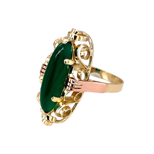 Preowned 14ct Yellow and Rose Gold & Green Stone Set Dress Ring in size M with the weight 2.90 grams. The green stone is 17mm by 5mm