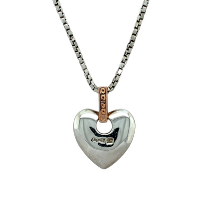 Preowned 925 Silver with 9ct Rose Gold Clogau Cariad Heart Pendant on a 18" Silver Clogau box chain. The necklace has the weight 17.20 grams and the pendant is 2.7cm long including the bail which has a Diamond set in it