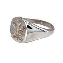 Load image into Gallery viewer, New 925 Silver Welsh Three Feather Rounded Square Signet Ring in various sizes with the weight 8 grams. The front of the ring is 13mm high
