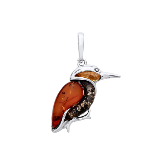 New 925 Silver &amp; Natural Baltic multi coloured Amber Set Kingfisher Pendant with the weight 3.50 grams. Pendant Length 36.75mm Pendant Width 14.5mm