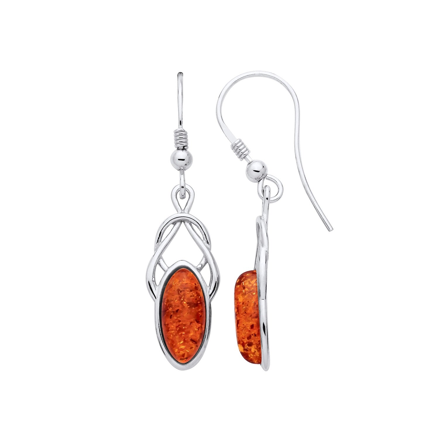 New 925 Silver &amp; Natural Baltic Amber Set Oval Knot Style Drop Earrings with the weight 3 grams. Earrings Length 42mm Earrings Width 10mm