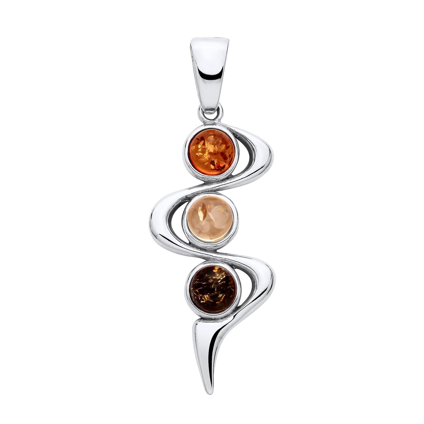 New 925 Silver &amp; Natural Baltic multi coloured Amber Set Swirl Pendant with the weight 4.80 grams. Pendant Length 48mm Pendant Width 15mm