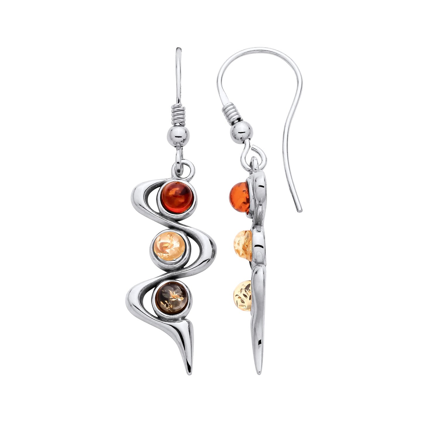 New 925 Silver &amp; Natural Baltic multi coloured Amber Swirl Three Stone Drop Earrings with the weight 4.40 grams. Earrings Length 46mm Earrings Width 12.75mm
