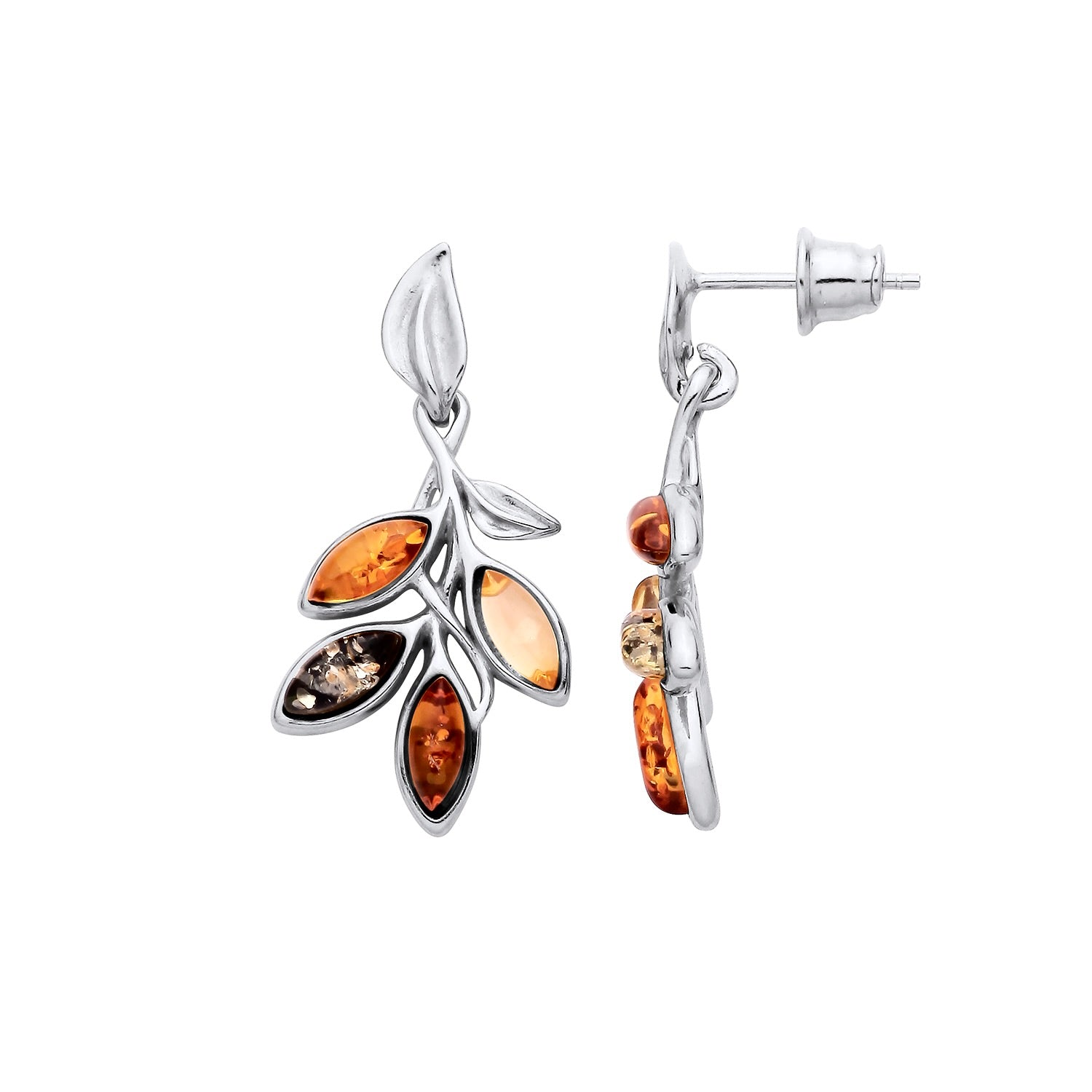 New 925 Silver &amp; Natural Baltic multi coloured Amber Leaf Style Stud Earrings with the weight 4.20 grams. Earrings Length 30mm&nbsp;Earrings Width 14.5mm