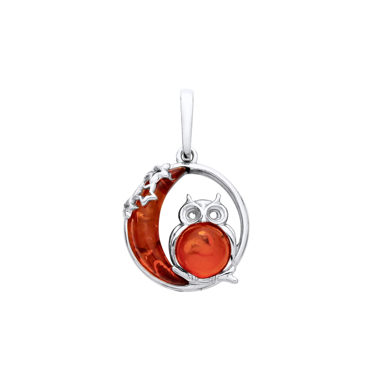 New 925 Silver &amp; Natural Baltic Amber Set Owl in a crescent moon Pendant with the weight 3.20 grams.&nbsp;Pendant Length 30.5mm Pendant Width 19mm