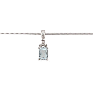 Preowned 9ct White Gold Diamond & Aquamarine Set Pendant on an 18" fine curb chain with the weight 1.50 grams. The pendant is 1.7cm including the bail and the aquamarine stone is 7mm by 5mm