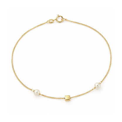 9ct Gold & Pearl Cube 7.5" Curb Bracelet