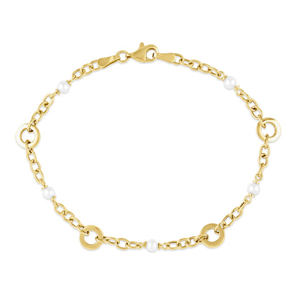 9ct Gold & Pearl Circle Cable Link 7.5" Bracelet