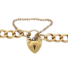Load image into Gallery viewer, Preowned 9ct Yellow Gold Heart Padlock 7.5&quot; Charm Bracelet with the weight 16.70 grams. The bracelet has link width 7mm and the padlock is 19mm by 12mm
