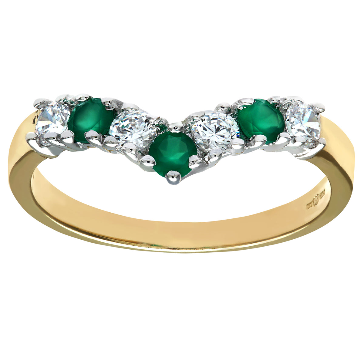 9ct Gold Emerald & Cubic Zirconia Wishbone Ring
