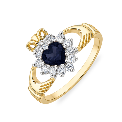 9ct Gold Sapphire & Cubic Zirconia Claddagh Ring