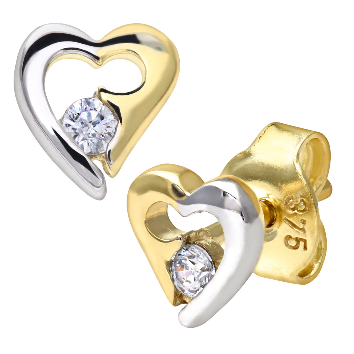 9ct Gold & Cubic Zirconia Heart Stud Earrings