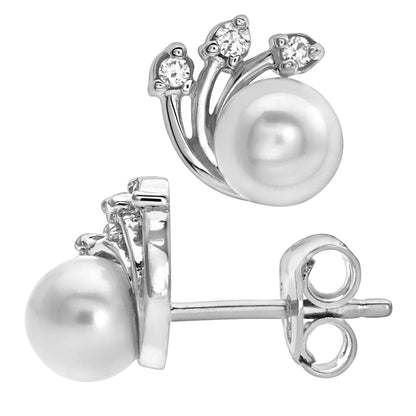 9ct White Gold Pearl & Cubic Zirconia Fan Stud Earrings