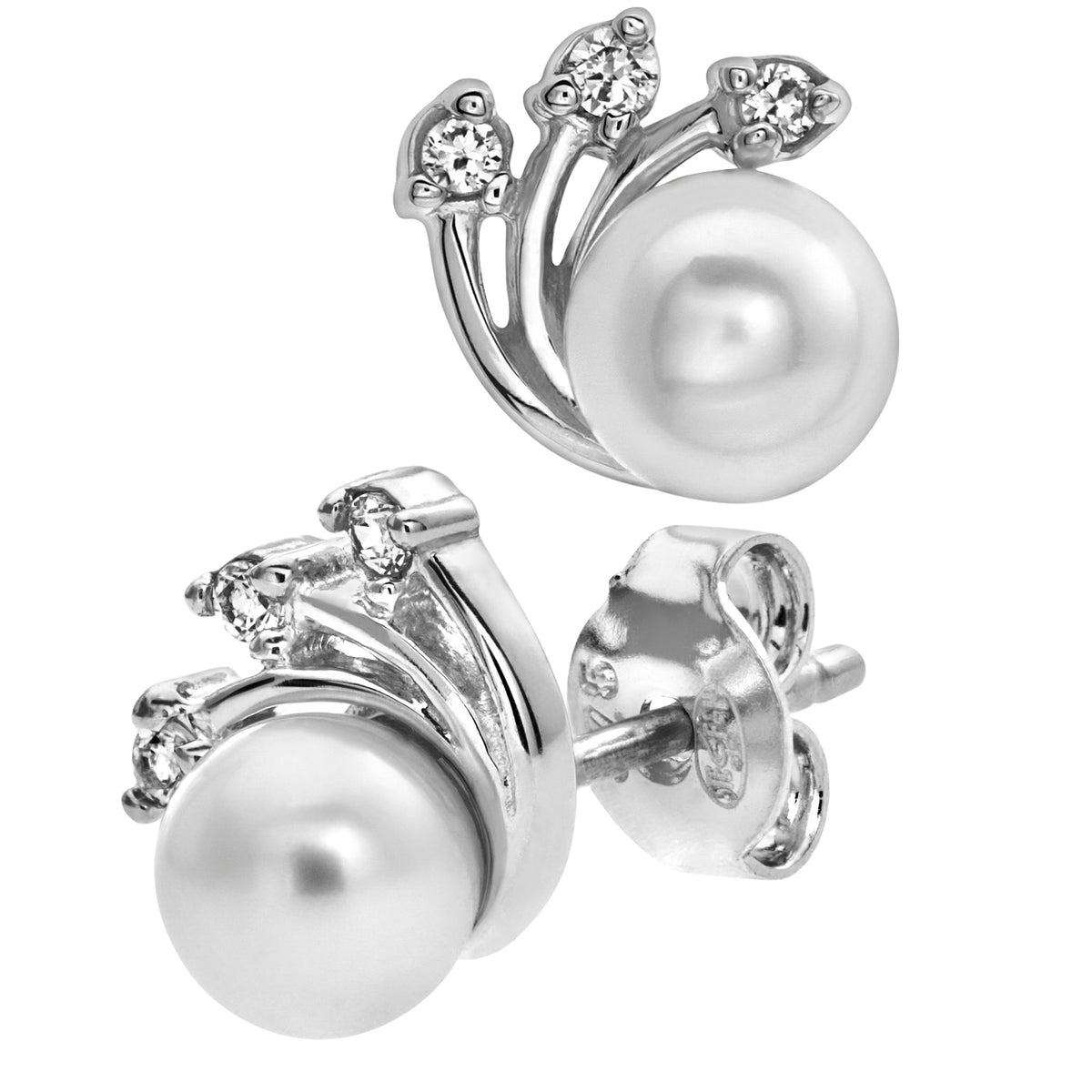 9ct White Gold Pearl & Cubic Zirconia Fan Stud Earrings