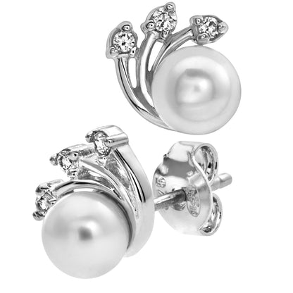 9ct White Gold Pearl & Cubic Zirconia Fan Stud Earrings