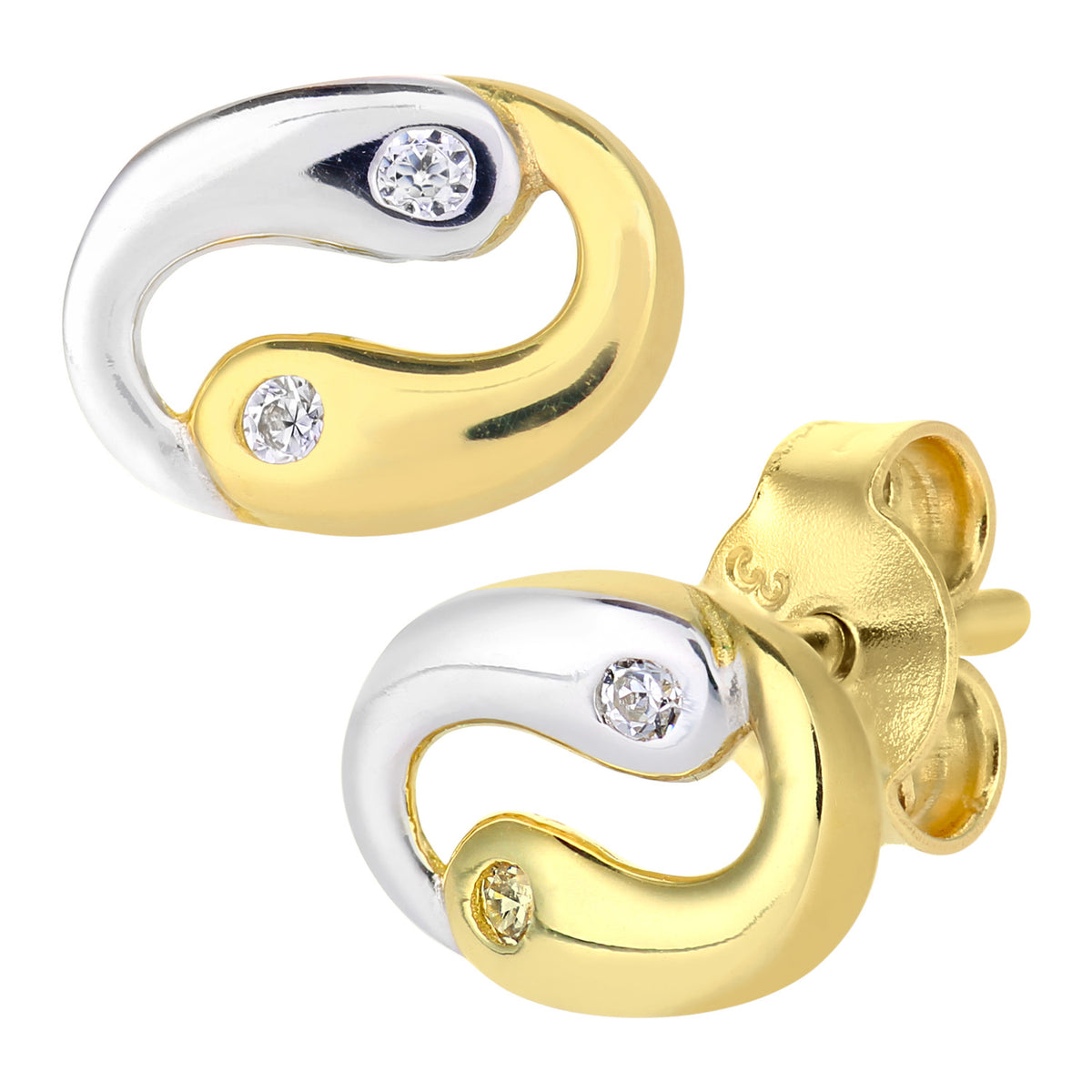 9ct Gold & Cubic Zirconia Yin and Yang Oval Stud Earrings
