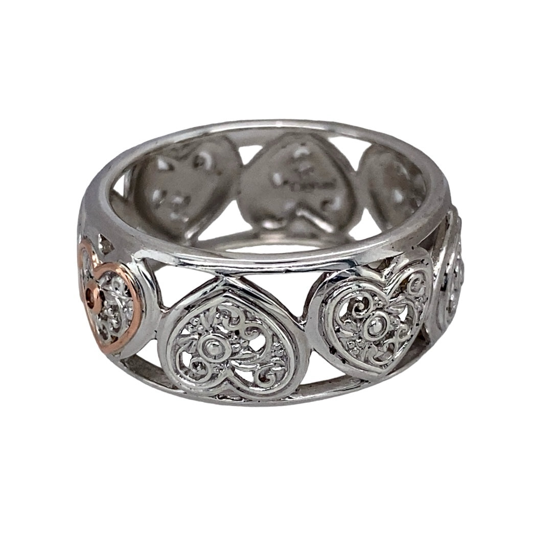 Preowned 925 Silver with 9ct Rose Gold & Diamond Set Wide Open Heart Band Clogau Ring in size R with the weight 4.40 grams. The band is 10mm wide