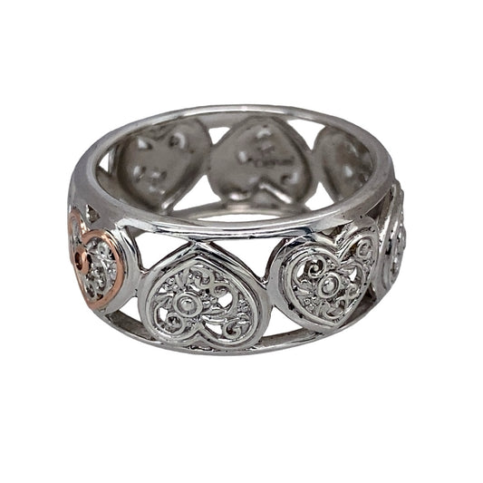 Preowned 925 Silver with 9ct Rose Gold & Diamond Set Wide Open Heart Band Clogau Ring in size R with the weight 4.40 grams. The band is 10mm wide