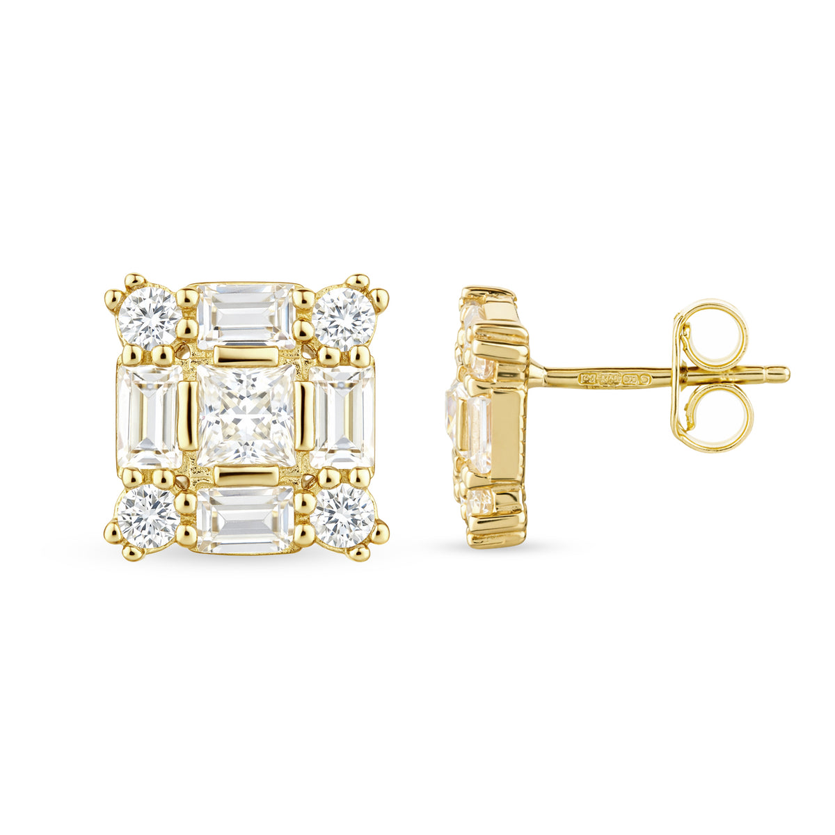 9ct Gold & Cubic Zirconia Square Cluster Stud Earrings