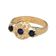 Load image into Gallery viewer, Preowned 18ct Yellow Gold Diamond &amp; Sapphire Antique Ring in size O with the weight 3.20 grams. The sapphire stones are each 3mm diameter and the ring is Chester Hallmarked with 1909
