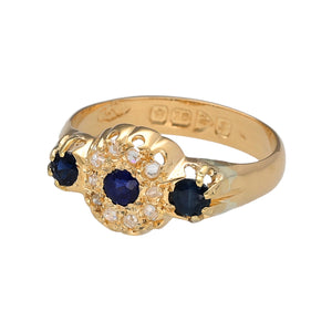 Preowned 18ct Yellow Gold Diamond & Sapphire Antique Ring in size O with the weight 3.20 grams. The sapphire stones are each 3mm diameter and the ring is Chester Hallmarked with 1909
