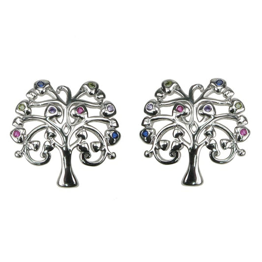 925 Silver & Multi Coloured Cubic Zirconia Tree Stud Earrings