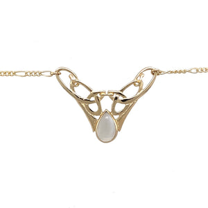 Preowned 9ct Yellow Gold & White/Translucent Stone Set Celtic Knot 18" Necklace with the weight 4.50 grams. The stone is approximately 9mm by 5mm