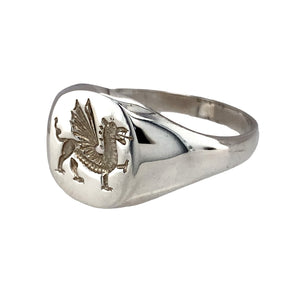 New 925 Silver Welsh Dragon Rounded Signet Ring in various sizes with the approximate weight 5.20 grams. The front of the ring is 13mm high