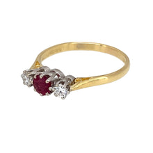 Load image into Gallery viewer, Preowned 18ct Yellow and White Gold Diamond &amp; Ruby Set Trilogy Ring in size N with the weight 2.20 grams. The ruby stone is 4mm diameter
