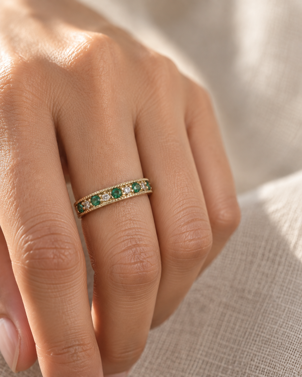 9ct Gold Emerald & Cubic Zirconia Band Ring