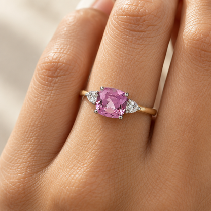 9ct Gold Lab Diamond & Pink Sapphire Trilogy Ring