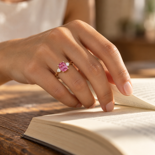 9ct Gold Lab Diamond & Pink Sapphire Trilogy Ring