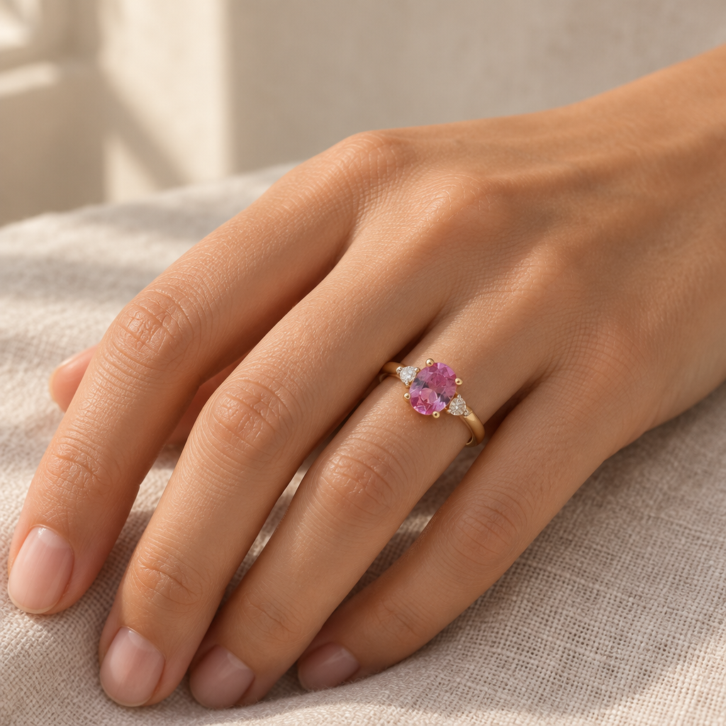 9ct Gold Lab Diamond & Pink Sapphire Trilogy Ring