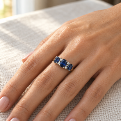 9ct Gold Lab Diamond & Sapphire Trilogy Ring