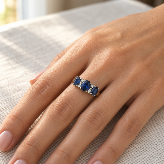 9ct Gold Lab Diamond & Sapphire Trilogy Ring