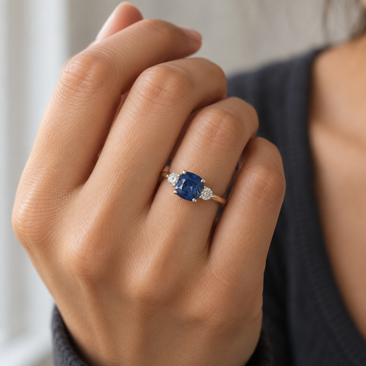 9ct Gold Lab Diamond & Sapphire Trilogy Ring