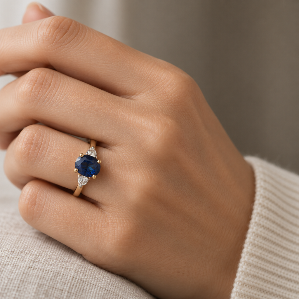 9ct Gold Lab Diamond & Sapphire Trilogy Ring