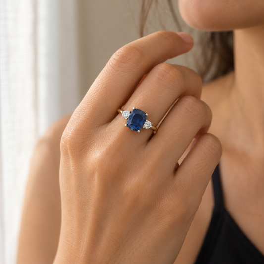 9ct Gold Lab Diamond & Sapphire Trilogy Ring