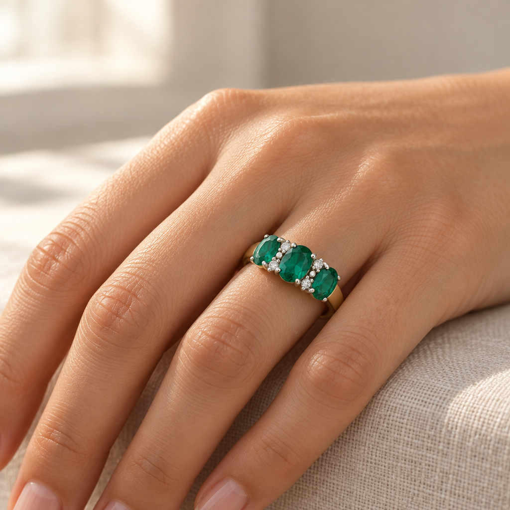 9ct Gold Lab Diamond & Emerald Trilogy Ring