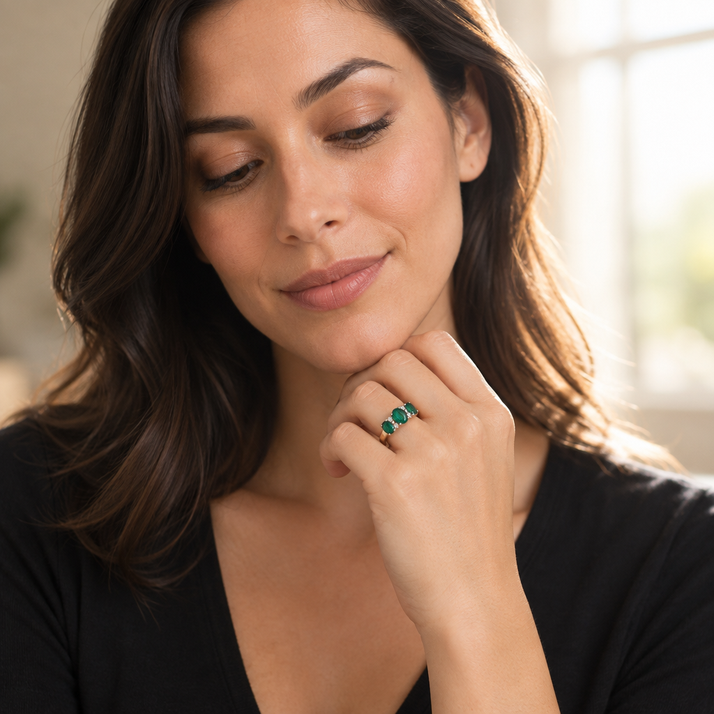 9ct Gold Lab Diamond & Emerald Trilogy Ring