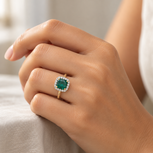 9ct Gold Lab Diamond & Emerald Cluster Ring