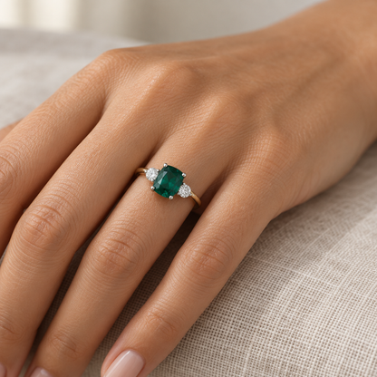 9ct Gold Lab Diamond & Emerald Trilogy Ring