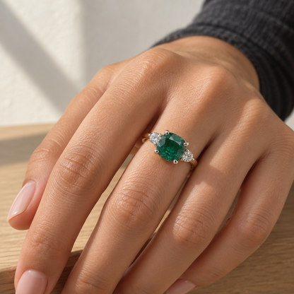 9ct Gold Lab Diamond & Emerald Trilogy Ring