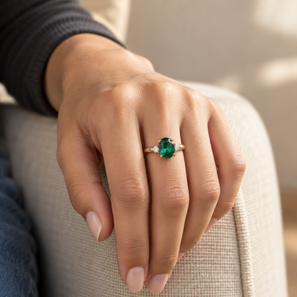 9ct Gold Lab Diamond & Emerald Trilogy Ring