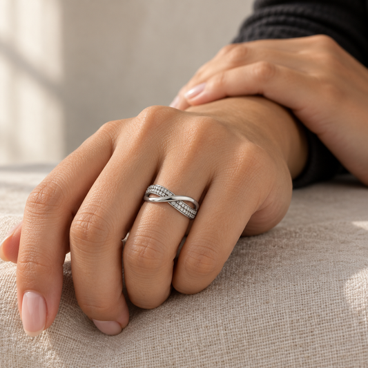 9ct White Gold & Cubic Zirconia Crossover Band Ring