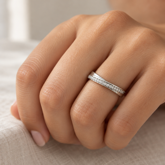 9ct White Gold & Cubic Zirconia Crossover Band Ring