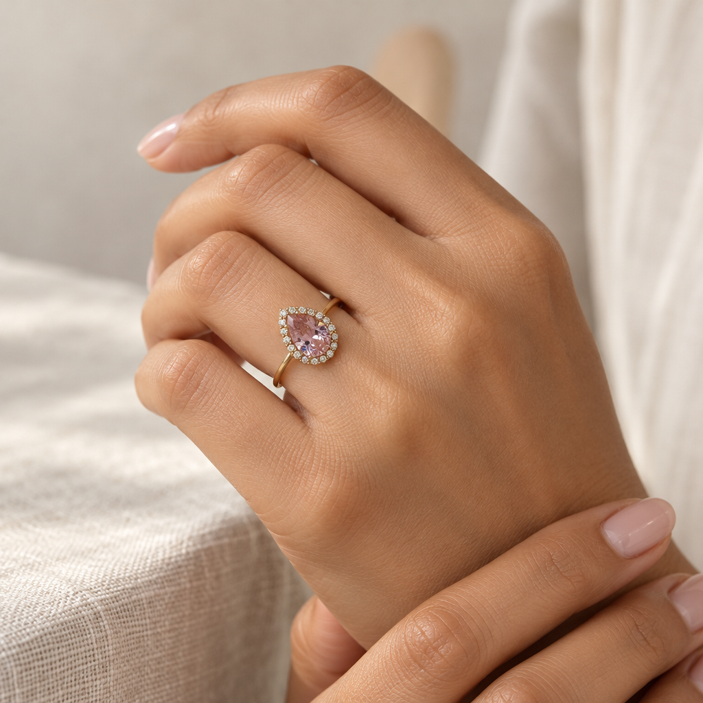 9ct Gold Pink Sapphire & Cubic Zirconia Teardrop Cluster Ring