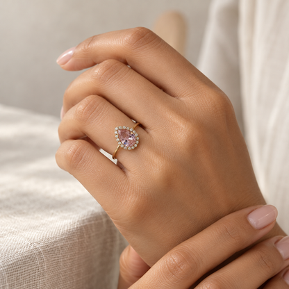 9ct Gold Pink Sapphire & Cubic Zirconia Teardrop Cluster Ring