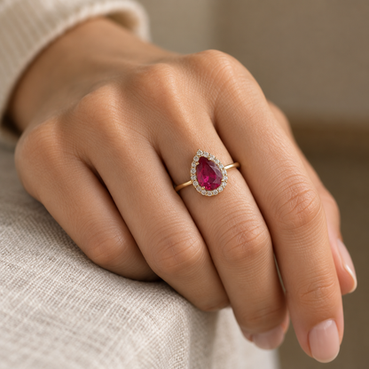 9ct Gold Ruby & Cubic Zirconia Teardrop Cluster Ring